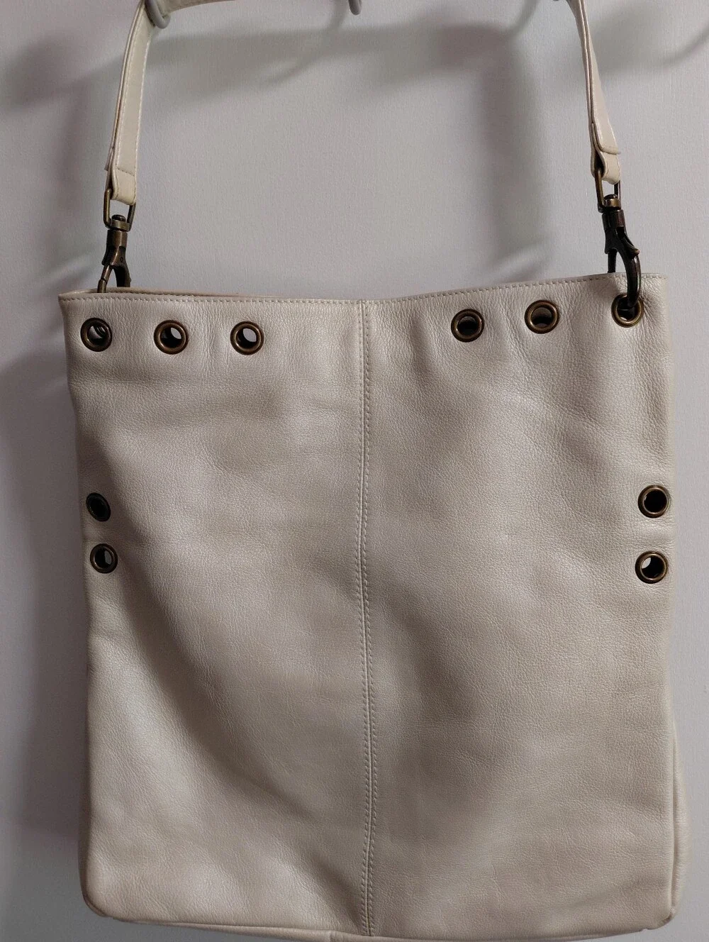 Steve Madden Cream Leather Studded Hobo Bag with Green and Amber Gems